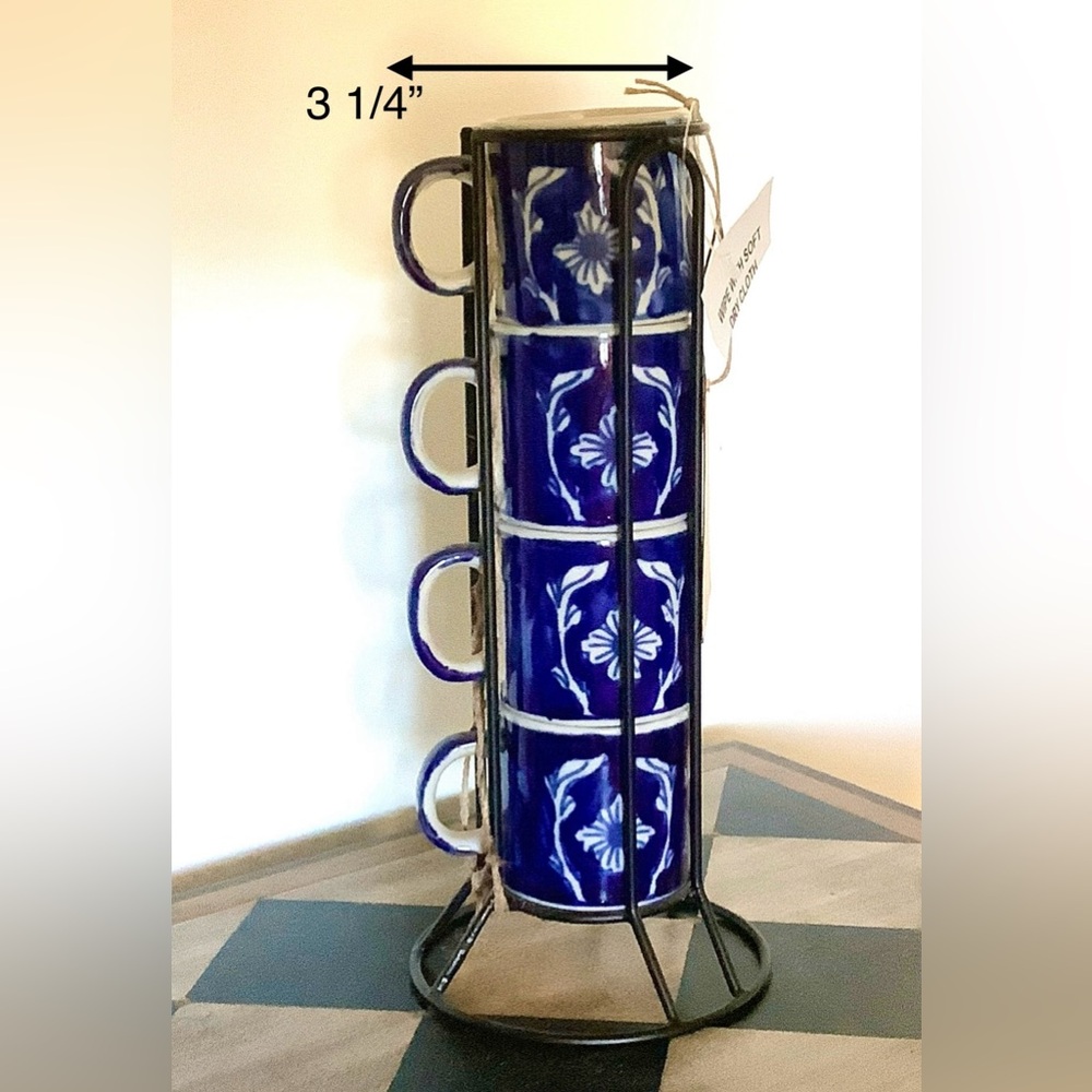 Blue Floral Coffee Mug Set with Stand